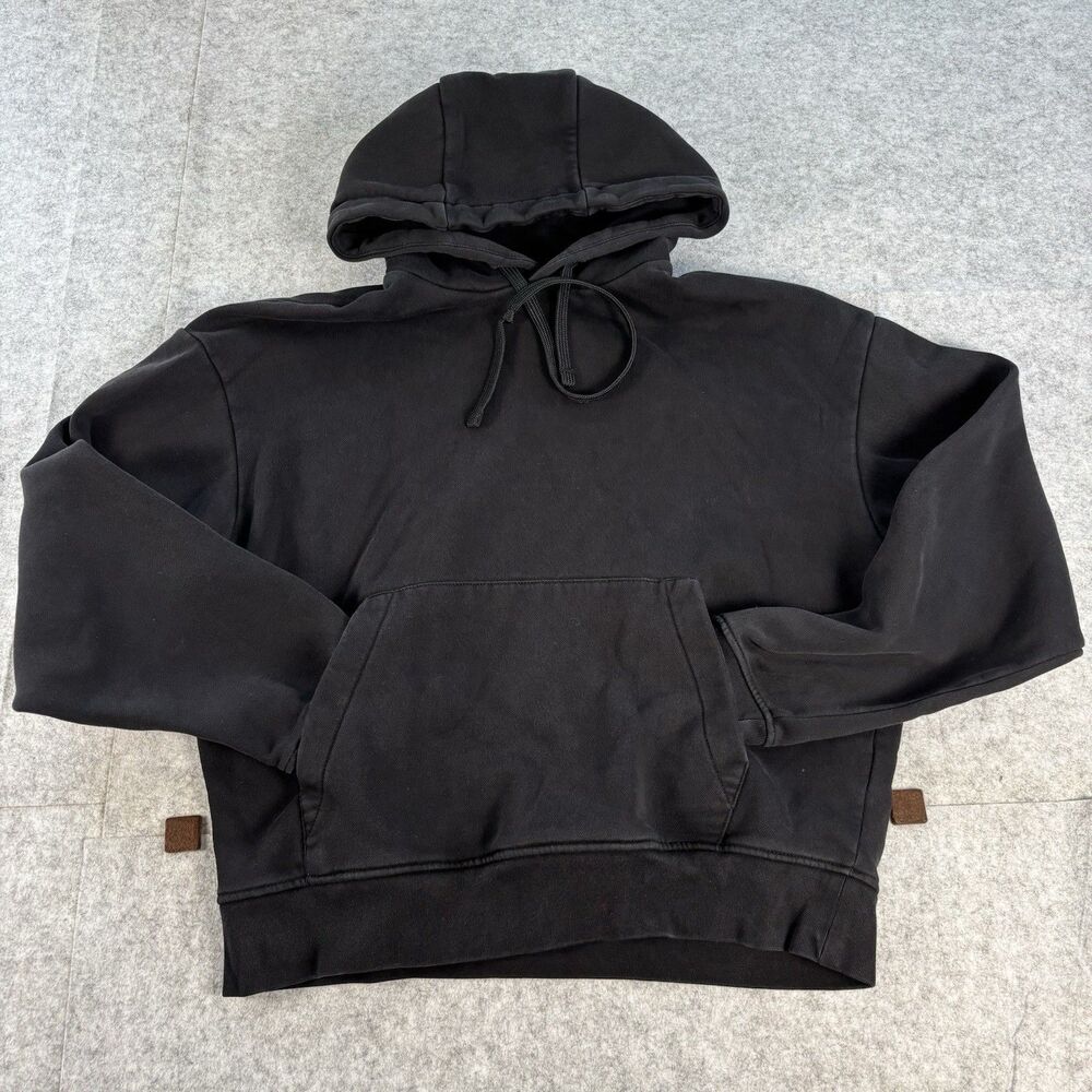 Zara Womens M Black Washed Fleece Pullover Hoodie Drawstring Kangaroo Pocket